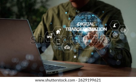 Digital Transformation and Digitalization Technology concept on Abstract Background. IoT, Artificial Intelligence, adoption of technology, enhancing global business capabilities