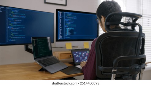 Digital transformation future workforce web DEV career development. Asia people young talent man busy work at home office reskill upskill martech job remote test on AI cloud computing cyber security.