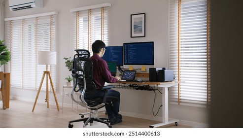 Digital transformation future workforce web DEV career development. Asia people young talent man busy work at home office reskill upskill martech job remote test on AI cloud computing cyber security.