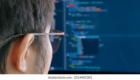 Digital transformation future workforce web DEV career development. Asia people young talent man busy work at home office reskill upskill martech job remote test on AI cloud computing cyber security