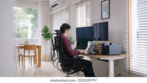 Digital transformation future workforce web DEV career development. Asia people young talent man busy work at home office reskill upskill martech job remote test on AI cloud computing cyber security.
