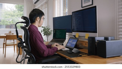 Digital transformation future workforce web DEV career development. Asia people young talent man busy work at home office reskill upskill martech job remote test on AI cloud computing cyber security.