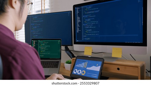 Digital transformation future workforce web DEV career development. Asia people young talent man busy work at home office reskill upskill martech job remote test on AI cloud computing cyber security.