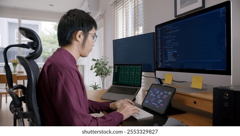 Digital transformation future workforce web DEV career development. Asia people young talent man busy work at home office reskill upskill martech job remote test on AI cloud computing cyber security.
