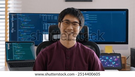 Digital transformation future workforce web DEV career. Asia people young talent man relax smile look at camera remote work at home office reskill upskill job on AI cloud computing cyber security.