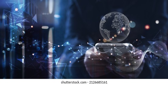 Digital transformation, global internet network connection concept, futuristic technology abstract background. Woman using mobile phone transfers digital data hi-speed internet mobile app - Shutterstock ID 2126685161