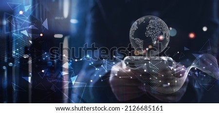 Digital transformation, global internet network connection concept, futuristic technology abstract background. Woman using mobile phone transfers digital data hi-speed internet mobile app
