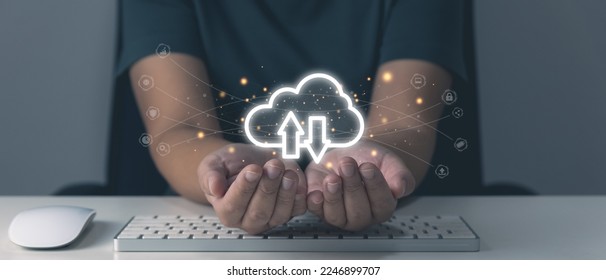 Digital transformation with infographic cloud computing on hand and technology icon, cloud technology is centralized collect lifestyle, shopping and global financial ecosystem, icons 