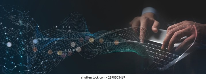 Digital transformation, internet network technology, big data, futuristic technology background. man using computer with global network connection, data link and exchange on virtual screen