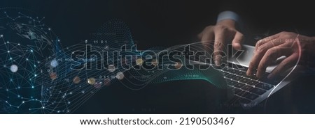 Digital transformation, internet network technology, big data, futuristic technology background. man using computer with global network connection, data link and exchange on virtual screen