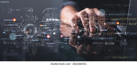 Digital transformation, IoT, Internet of Things, Software technology development concept. Software engineer coding on laptop computer with innovation technology, internet network on virtual screen
