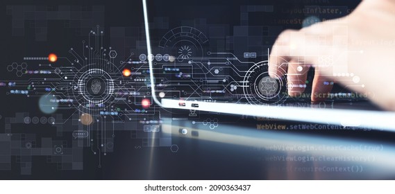 Digital transformation, IoT Internet of Things, Software technology development concept. Software engineer coding on laptop computer with innovation technology interface  and internet network security