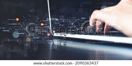 Digital transformation, IoT Internet of Things, Software technology development concept. Software engineer coding on laptop computer with innovation technology interface  and internet network security