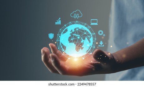 Digital transformation, person using infographic cloud computing, cloud technology is centralized collect lifestyle, shopping and global financial ecosystem, icon concept