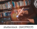 Digital transformation tech strategy knowledge and technology concept , businessman using pen and digital tablet work or study data analysis in business or research on document report data