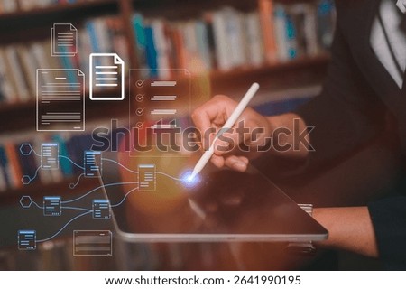 Digital transformation tech strategy knowledge and technology concept , businessman using pen and digital tablet work or study data analysis in business or research on document report data