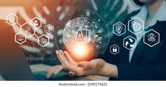 Digital transformation technology, IoT, internet of things. Businesswoman with laptop holding AI icon on virtual screen. Ai machine learning