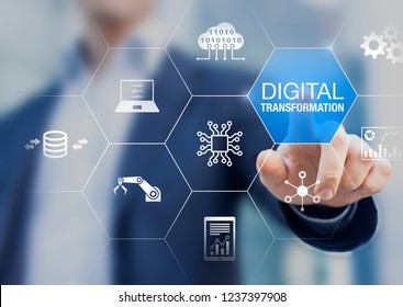 Digital transformation technology strategy, digitization and digitalization of business processes and data, optimize and automate operations, customer service management, internet and cloud computing - Shutterstock ID 1237397908