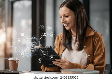 Digital transformation technology strategy, Person using laptop, tablet and smartphone with of things. transformation of ideas and the adoption. - Powered by Shutterstock