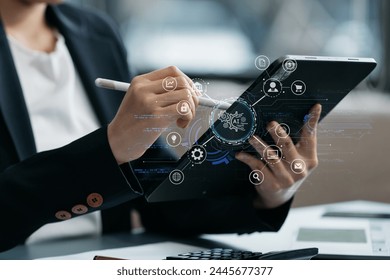 Digital transformation technology strategy, Woman using laptop, tablet and smartphone with of things. transformation of ideas and the adoption. - Powered by Shutterstock