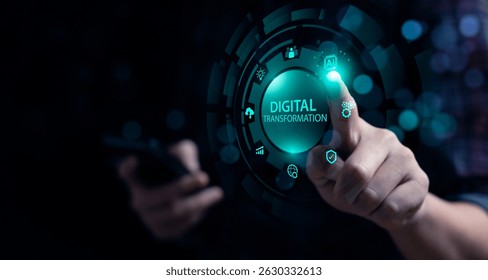 Digital transformation user interface concept with hand touching virtual AI, cloud computing, automation, data analytics, and futuristic technology icons for innovation and smart business development