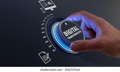 Digital transformation using information technologies as cloud computing, business process management and automation to improve efficiency. Concept with hand turning knob to increase data digitization - Shutterstock ID 1926747614