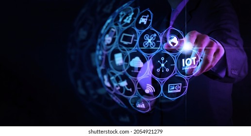 Digital transformation,IOT Internet of things Digital transformation Modern Technology concept businessman select the abstract chip with text IoT on the virtual display on virtual screen. - Shutterstock ID 2054921279
