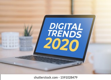 Digital Trends 2020 On Screen Laptop Computer, Digital Marketing, Business And Technology Concept.