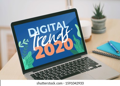 Digital Trends 2020 On Screen Laptop Computer, Digital Marketing, Business And Technology Concept.