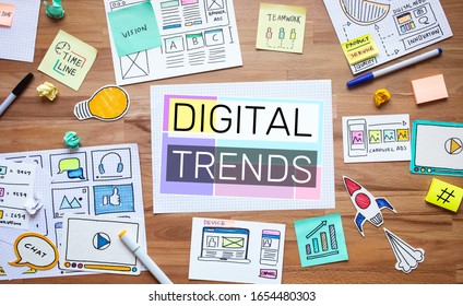 Digital Trends On Marketing Meeting Project With Paper Plan On Desk Table.business Communication.online Media