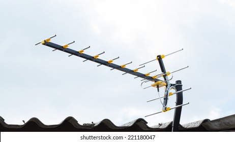 Digital TV Antenna On The Roof, Sunny Day.