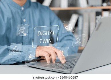 Digital twin with artificial intelligence software concept. BIM innovation computing engineering process background. Businessman using ai virtual touch screen presses: digital model big data system