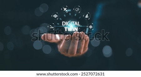 Digital twin with artificial intelligence software concept. BIM innovation computing engineering process background. Businessman using ai virtual touch screen presses: digital model big data system