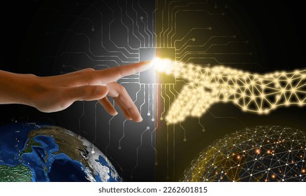 Digital twins concept. A finger touches and connects with digital finger to activate both the physical and digital worlds with a single push. Business and technology simulation modeling