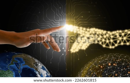 Digital twins concept. A finger touches and connects with digital finger to activate both the physical and digital worlds with a single push. Business and technology simulation modeling