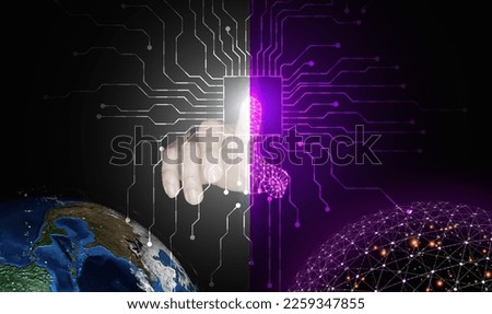 Digital twins concept. A half real half digital finger starts or activates both the physical and digital worlds with a single push. Business and technology simulation modeling