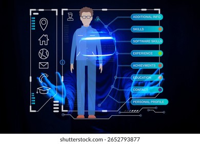 A digital user interface showcasing personal information and professional skills. It represents modern tools for career development and profile management in a virtual space.