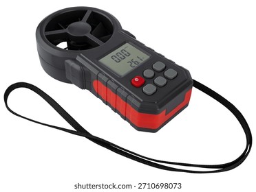 Digital vane anemometer with large display for measuring air speed and volume. On a white background in isolation.