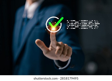Digital verification interface with approved checkmark selected by a business professional, representing validation, authentication, compliance, quality assurance, workflow approval.