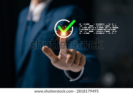 Digital verification interface with approved checkmark selected by a business professional, representing validation, authentication, compliance, quality assurance, workflow approval.