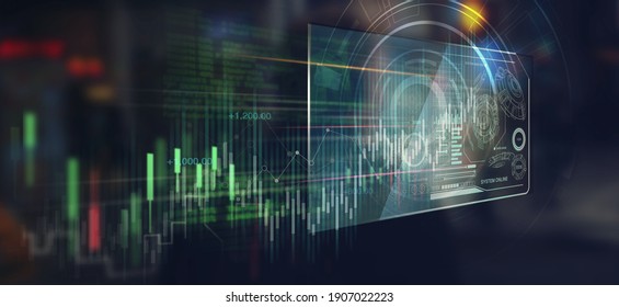 Digital of Virtual marketing with Business and Financ structure networking on interface online. Investment data graph on dark background. of free space for your copy, view from top. - Shutterstock ID 1907022223