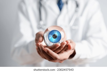 Digital vision eye care concept. Doctor using technology for eye test vision, checking eyesight, Eye clinic appointment.