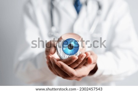 Digital vision eye care concept. Doctor using technology for eye test vision, checking eyesight, Eye clinic appointment.