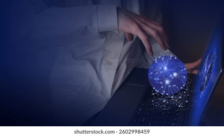 Digital visualization of big data of global processes on the planet. Human hand over laptop keyboard.