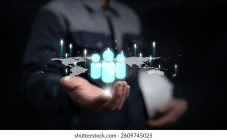 Digital visualization of connected people across a world map, symbolizing global workforce management and virtual human network systems