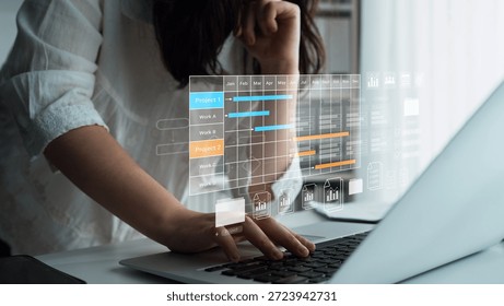 Digital visualization of multiple project timelines with progress tracking, documents, and team collaboration symbols Parse