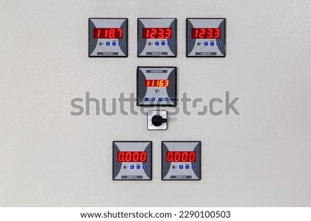 Digital voltmeter, amp meter and signal lamp on control panel of power plant. Connectors in the electrical main distribution board unit ,circuit of control panel with selector switch