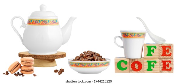Digital wall tiles, Designer Wall kitchen set, luxurious wall kitchen set, white kitchen background set, coffee with cups set, biscuits with coffee, - Shutterstock ID 1944213220