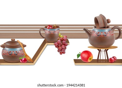 Digital wall tiles, Designer Wall kitchen set, luxurious wall kitchen set, white kitchen background set, fresh fruit and cups set, apple with grapes, - Shutterstock ID 1944214381