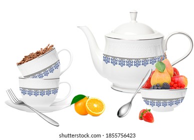 Digital wall tiles, designer White cup set with fruits and Spoon, Luxurious Kitchen Set for digital wall tiles, white background Kitchen set, - Shutterstock ID 1855756423